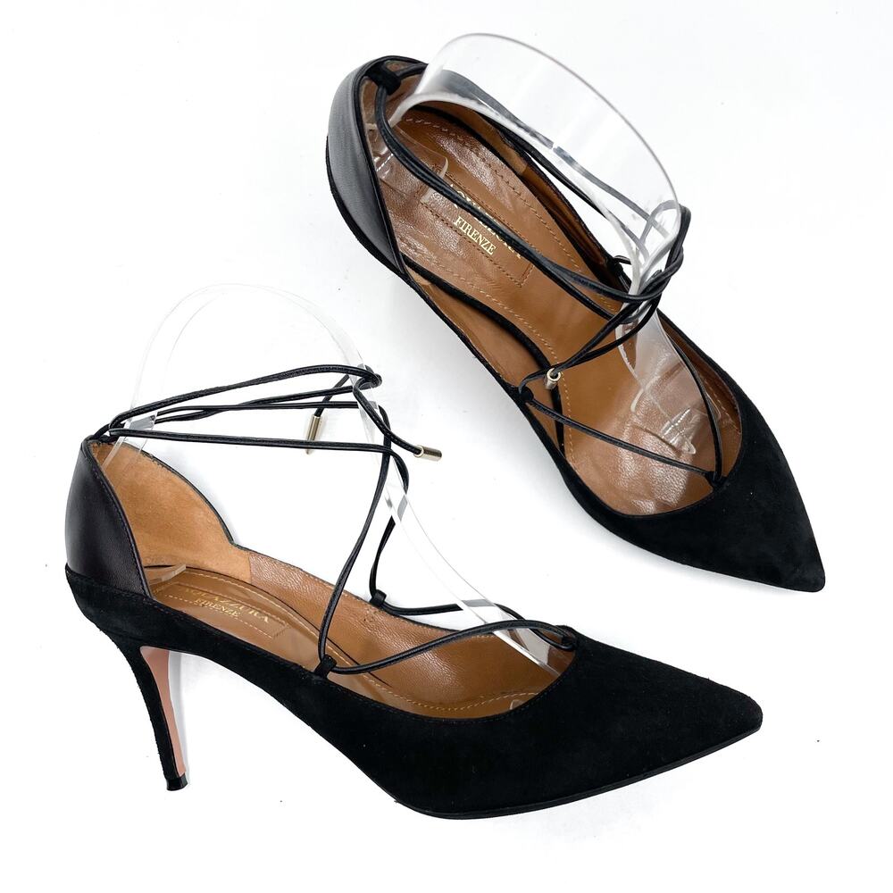 Aquazzura Fellini Pumps Black Suede Leather Trimmed Pointed Ankle Tie Sz 37 /‎ 7 - Picture 5 of 14